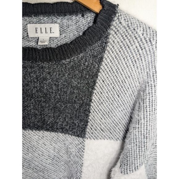 ELLE Womens Color Block Pullover Sweater Size L Longline Black Gray Cozycore - Picture 3 of 7